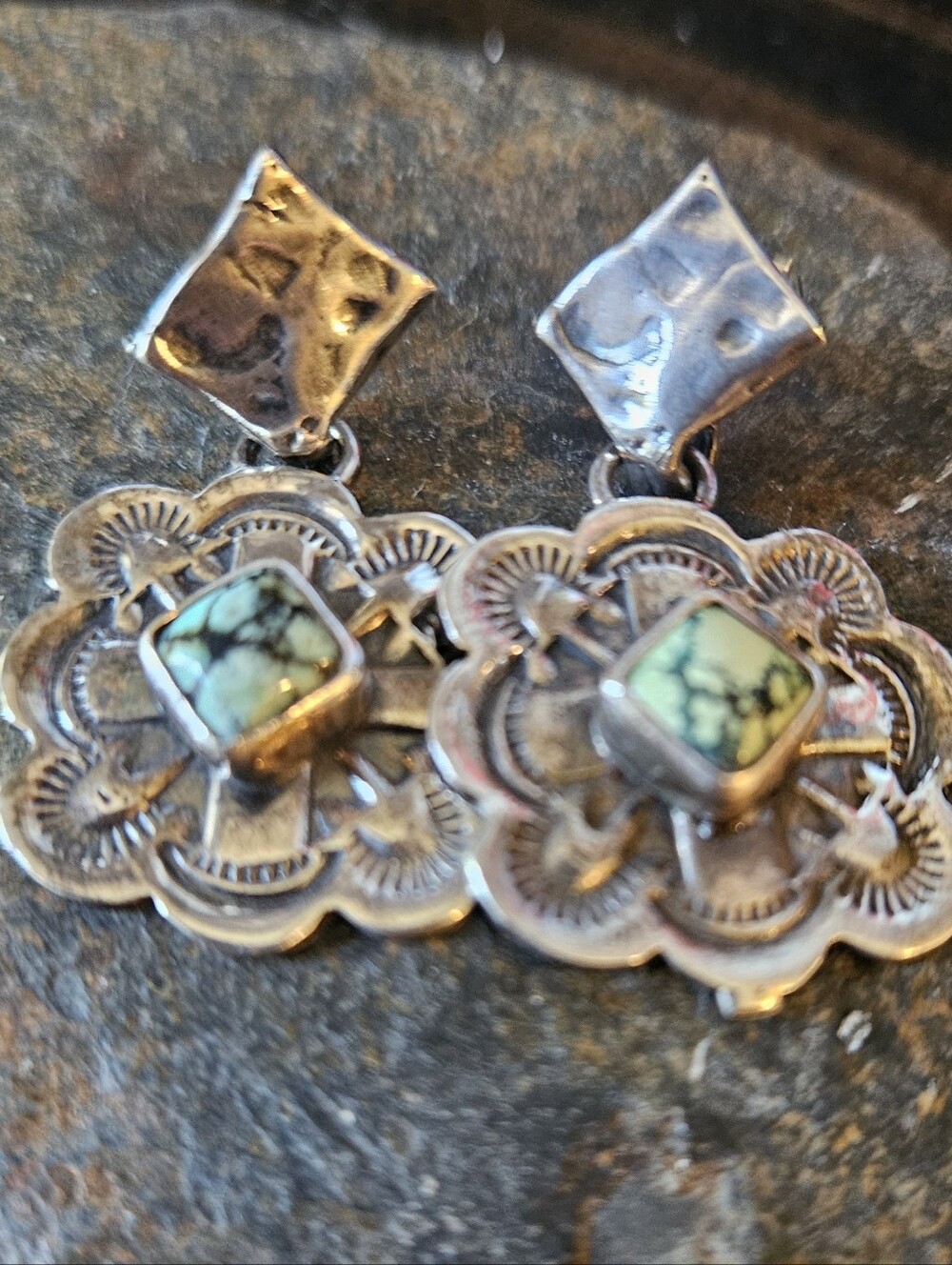 Navajo Concho Turquoise Sterling Silver Earrings - Picture 2 of 6